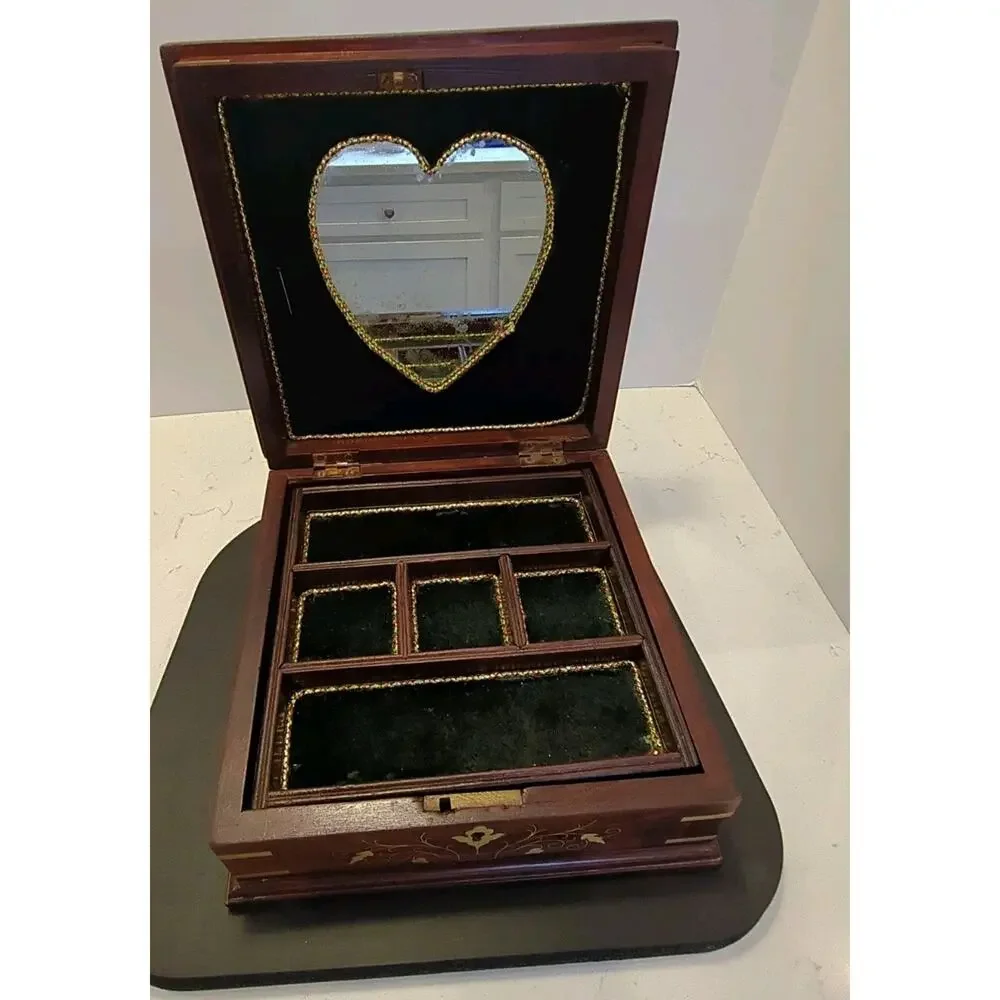 Large Vintage Inlaid Wood Jewelry Chest 10x10 Two-Tier Heart Mirror 9-Comp